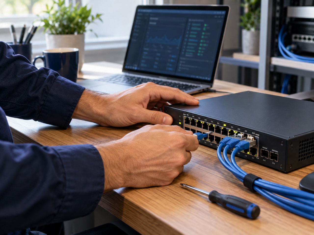 Illustration d’une intervention sur les connexions d’un équipement réseau.