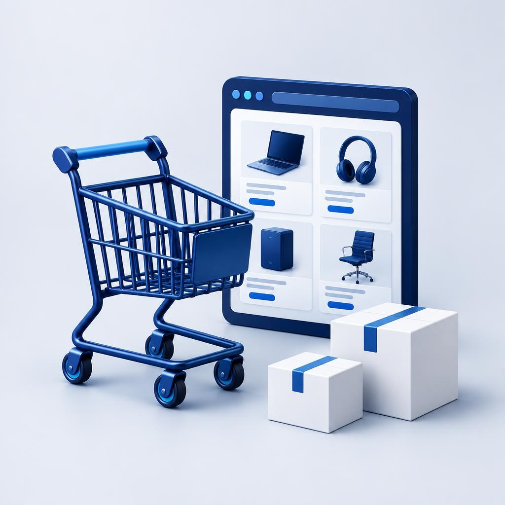 Illustration d’une boutique en ligne et de son catalogue.