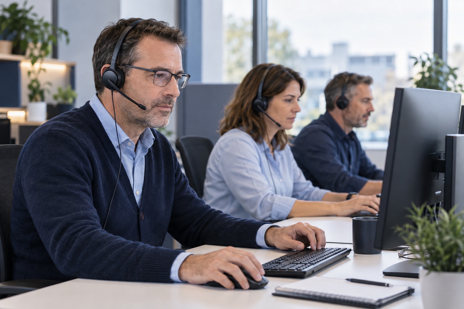 Illustration d’une équipe d’assistance informatique équipée de casques et de postes de travail.