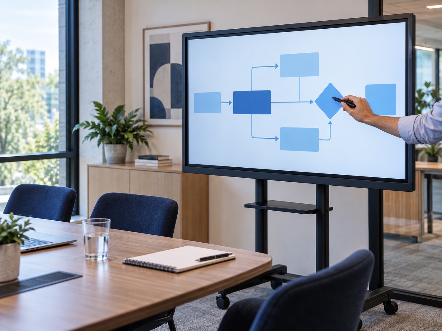 Illustration de l’utilisation d’un écran interactif en salle de réunion.